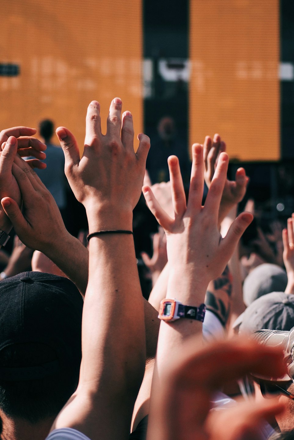 People raise their hands enthusiastically at an outdoor concert.
